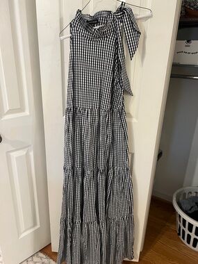 Tie-Shoulder Black & White Gingham Maxi Dress